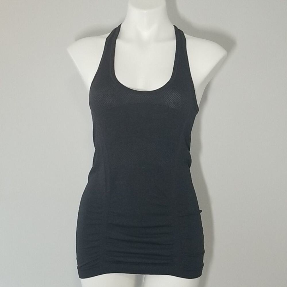 Athleta Black Heather Workout Tank Top Mesh Trim Ruched Sides Size XS